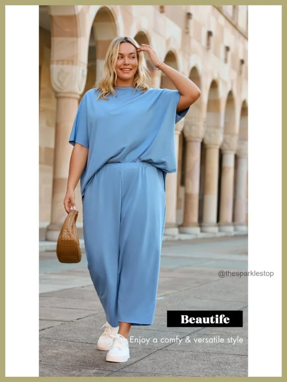 Plus Size 2 Piece Lounge Set Batwing Sleeve Top Wide Leg Pants Cotton Blend